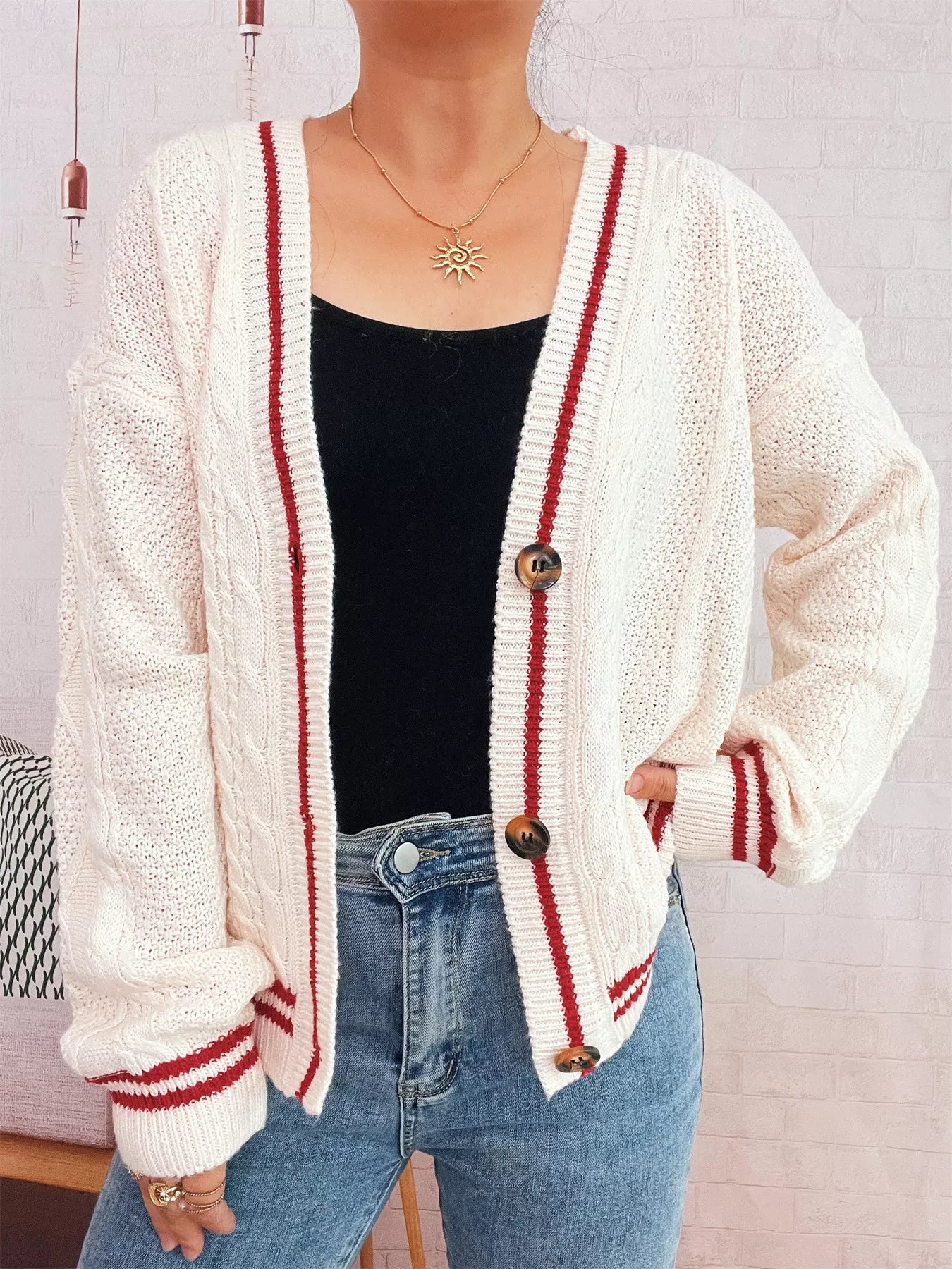Star Pattern Button-Up Cardigan with Contrast Trim 
