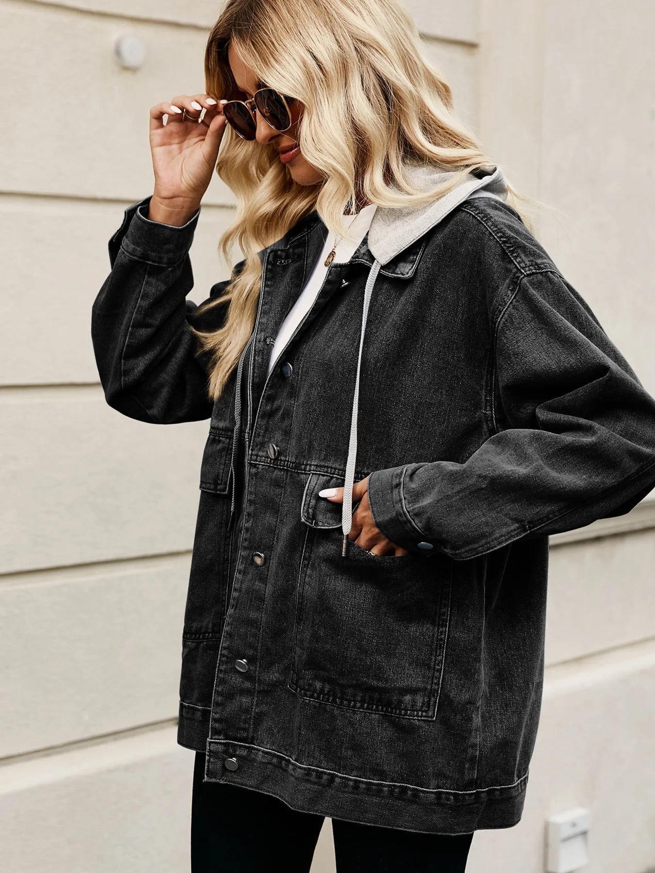 Oversized Button Up Denim Jacket with Hood 