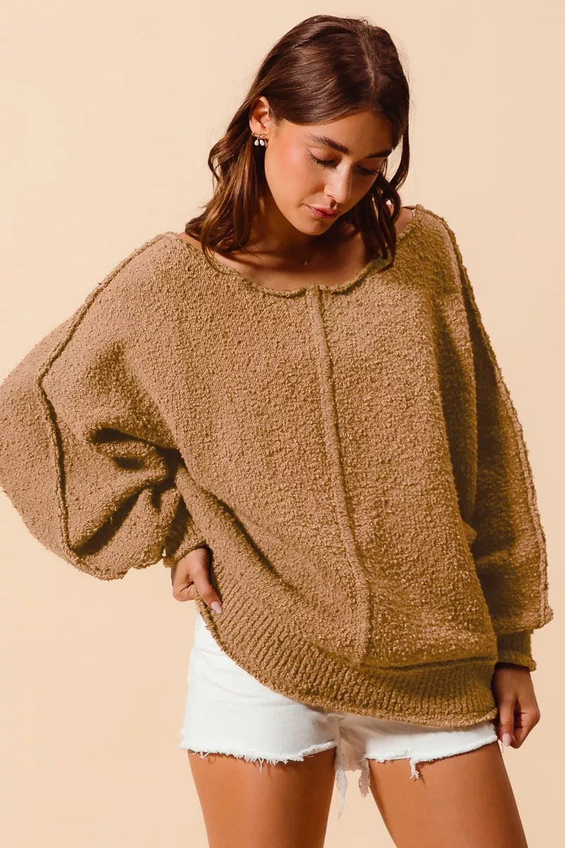 SO ME Loose Fit Exposed Seam Slouchy Boucle Sweater 