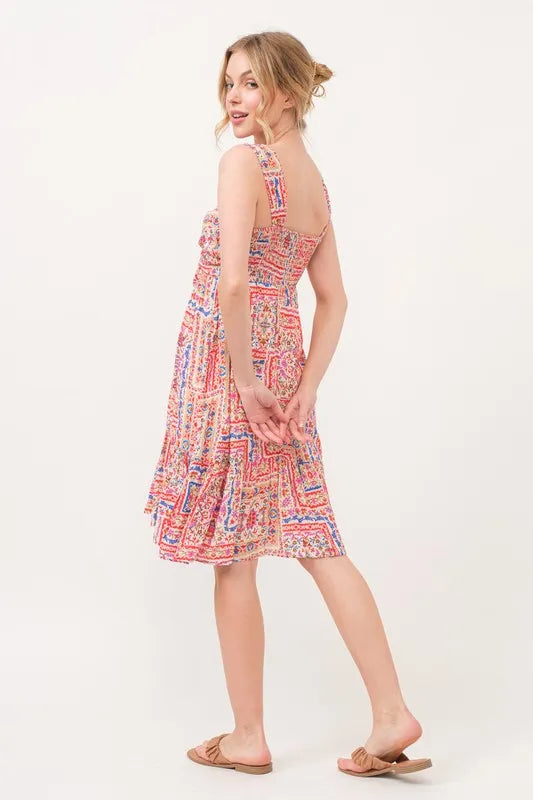 And The Why Tied Front Smocked Back Tiered Boho Printed Dress 