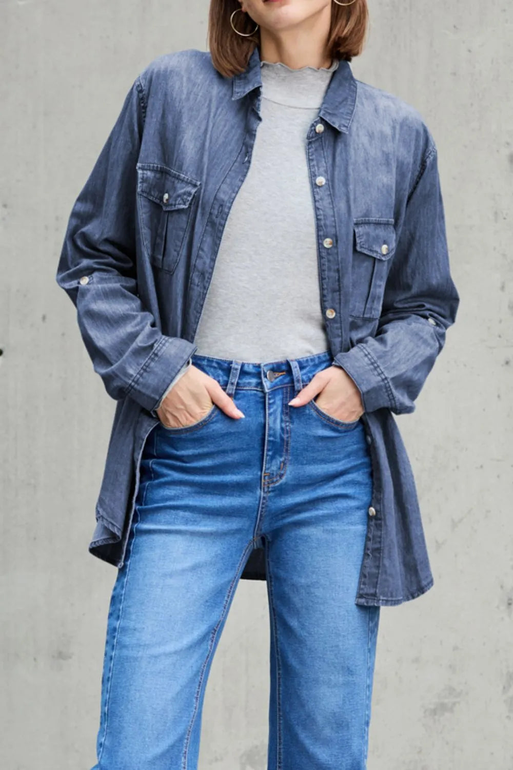 Pocketed Collared Neck Long Sleeve Denim Top 