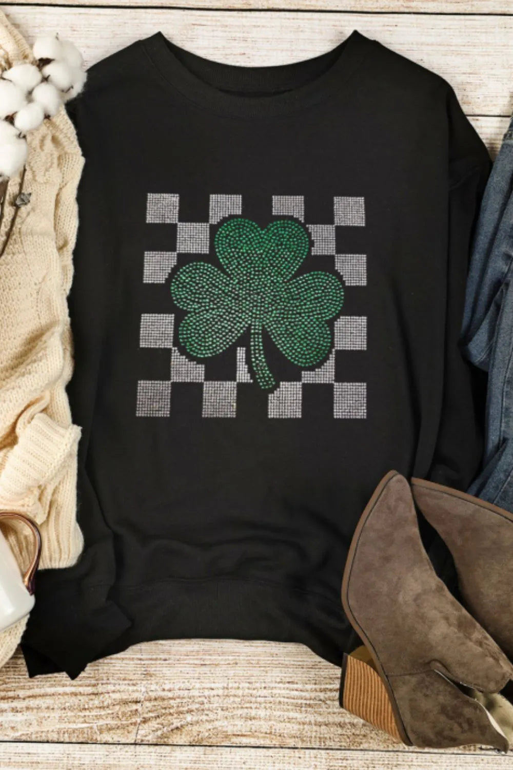 Rhinestone Checkered Lucky Clover Round Neck Sweatshirt 