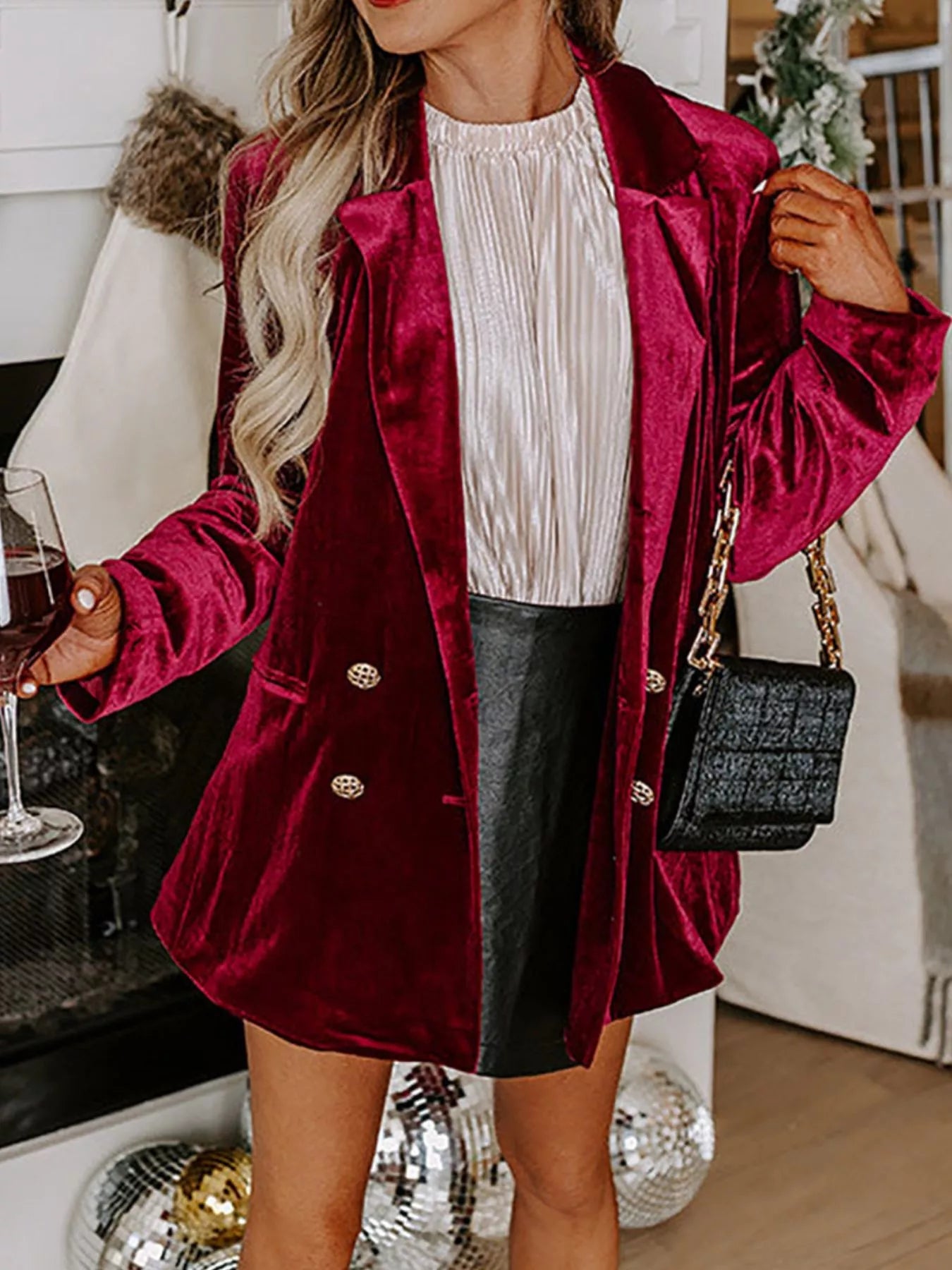 Velvet Lapel Collar Button Up Blazer 