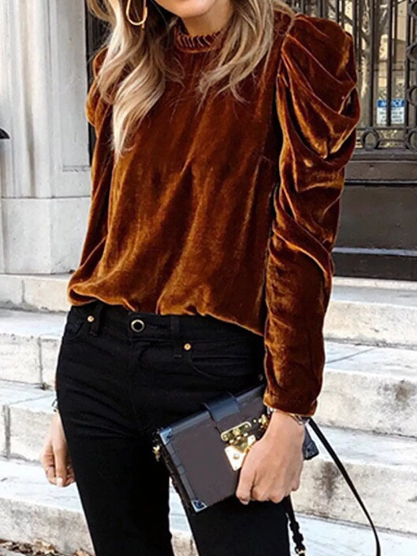 Velvet Mock Neck Long Sleeve Blouse 