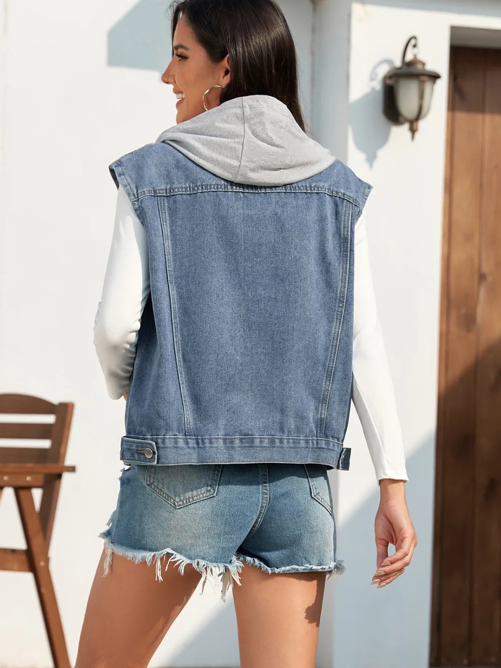 Pocketed Button Up Hooded Denim Jacket 