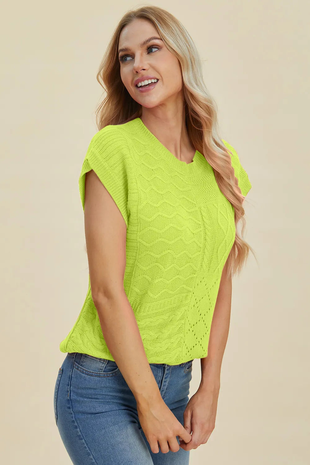 Double Take Full Size Cable-Knit Round Neck Cap Sleeve Sweater 