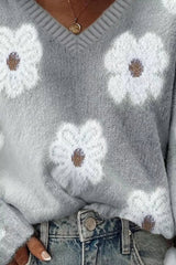Floral Fuzzy Knit V-Neck Sweater 