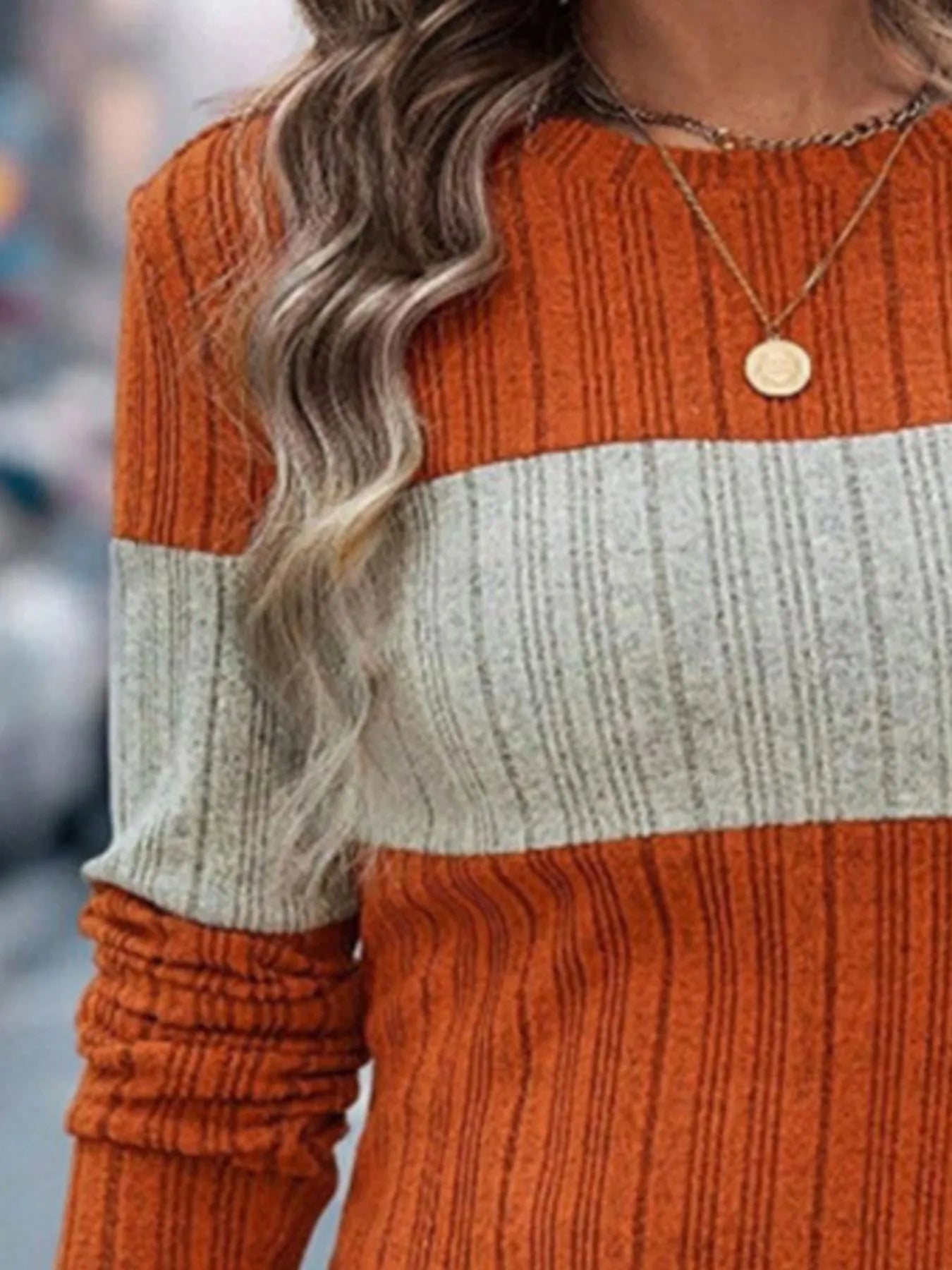 Color Block Round Neck Long Sleeve Sweater 
