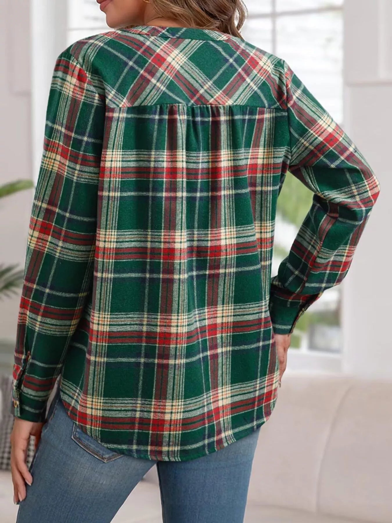 Plaid Half Button Long Sleeve Blouse 