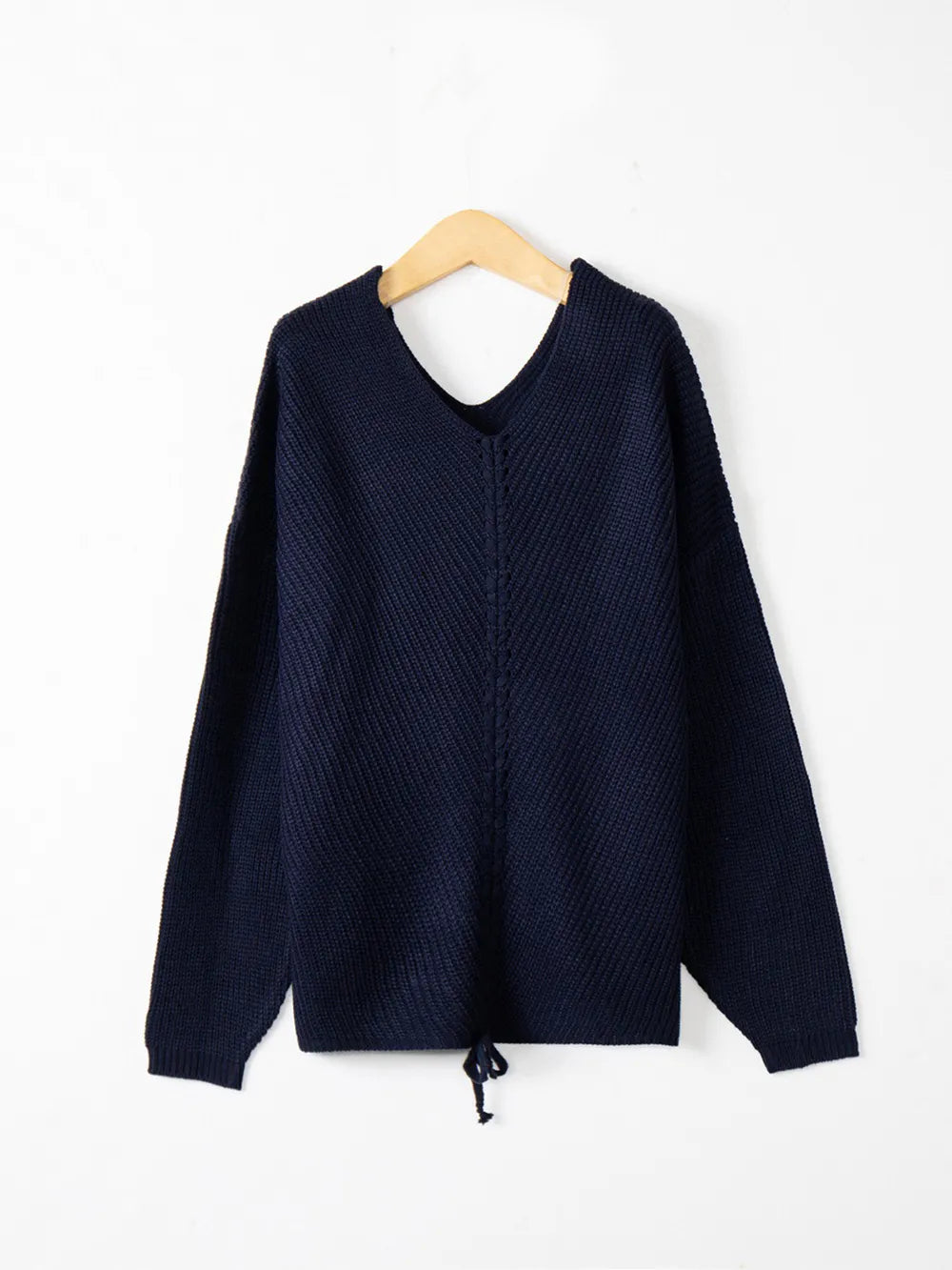 Full Size Lace Up V-Neck Long Sleeve Sweater 
