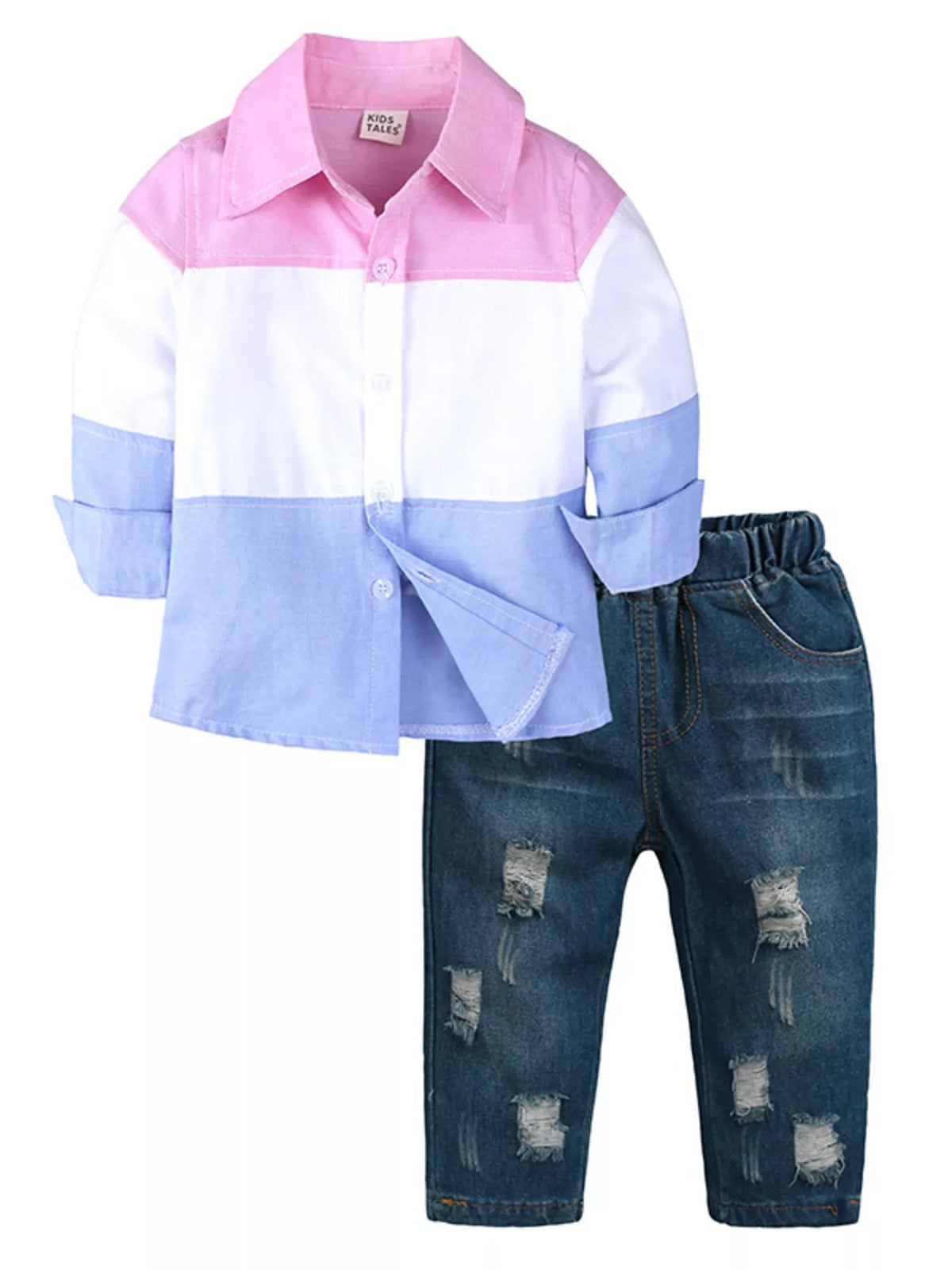 Children's Color Block Shirt & Ripped Jeans Set 