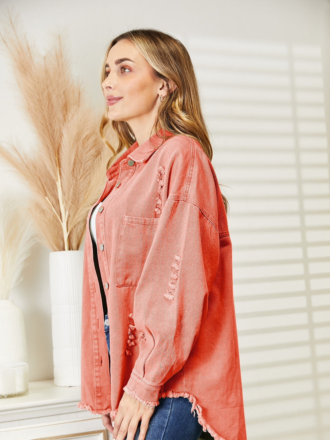 Distressed Raw Hem Denim Jacket 