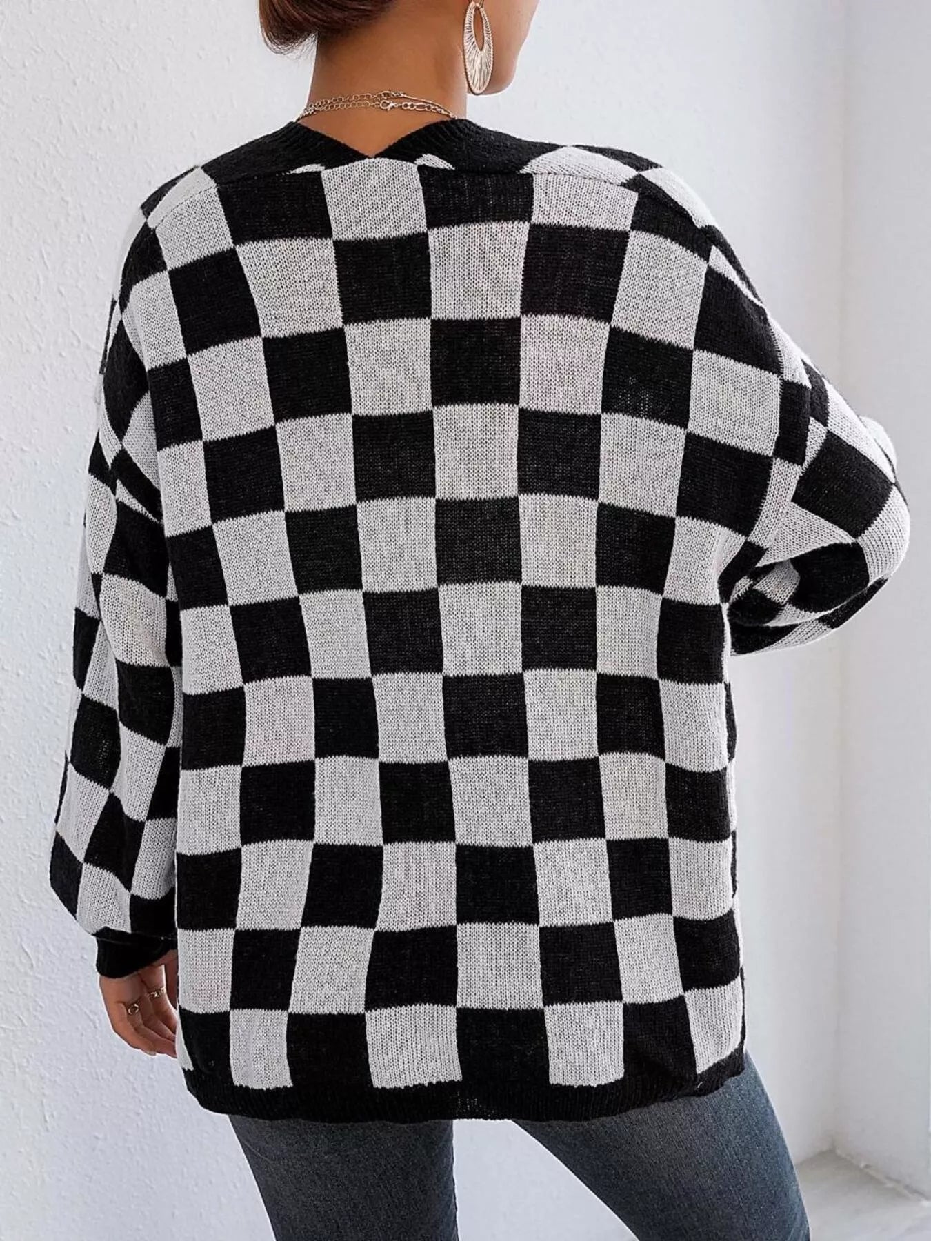 Checkerboard Pattern Open Front Knit Cardigan 