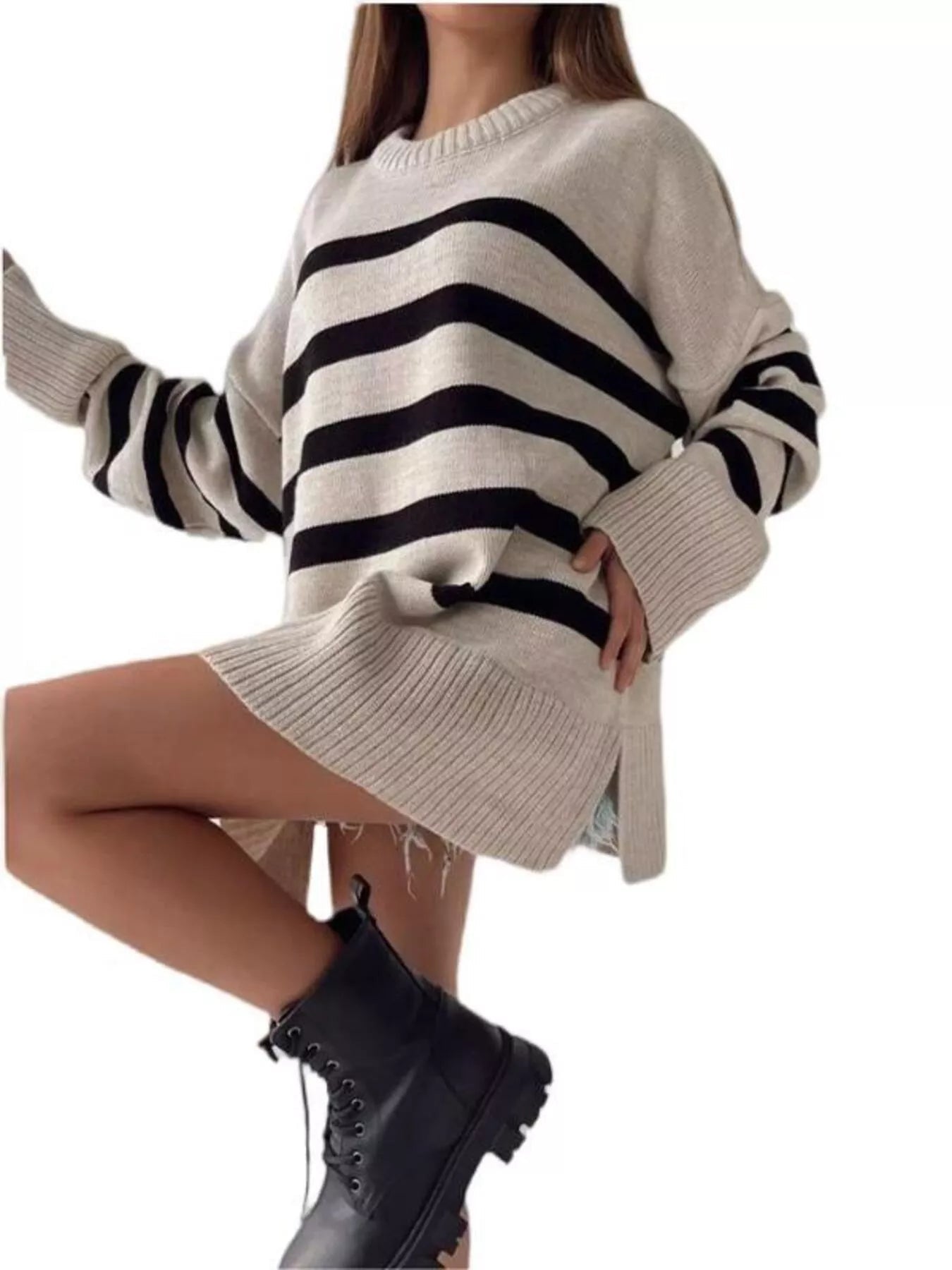 Side Slit Striped Oversized Knit Sweater 