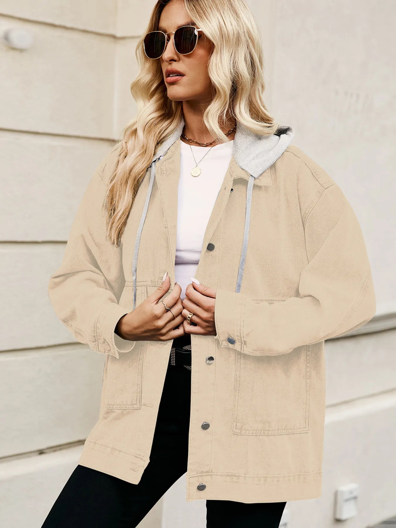 Oversized Button Up Denim Jacket with Hood 