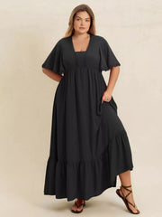 Plus Size Boho Ruffled Maxi Dress with Flutter Sleeves 