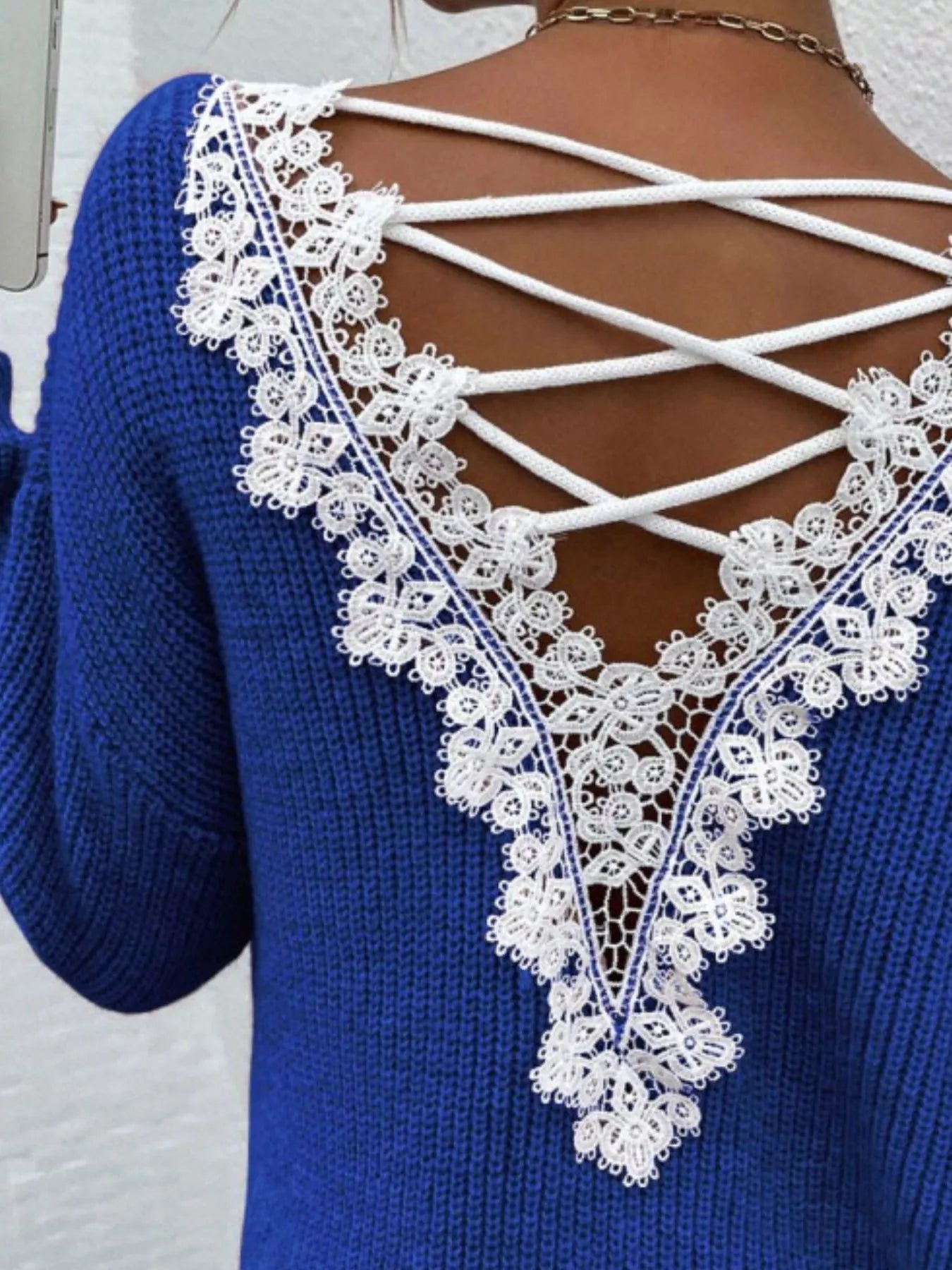 Lace-Trimmed Back V-Neck Sweater 