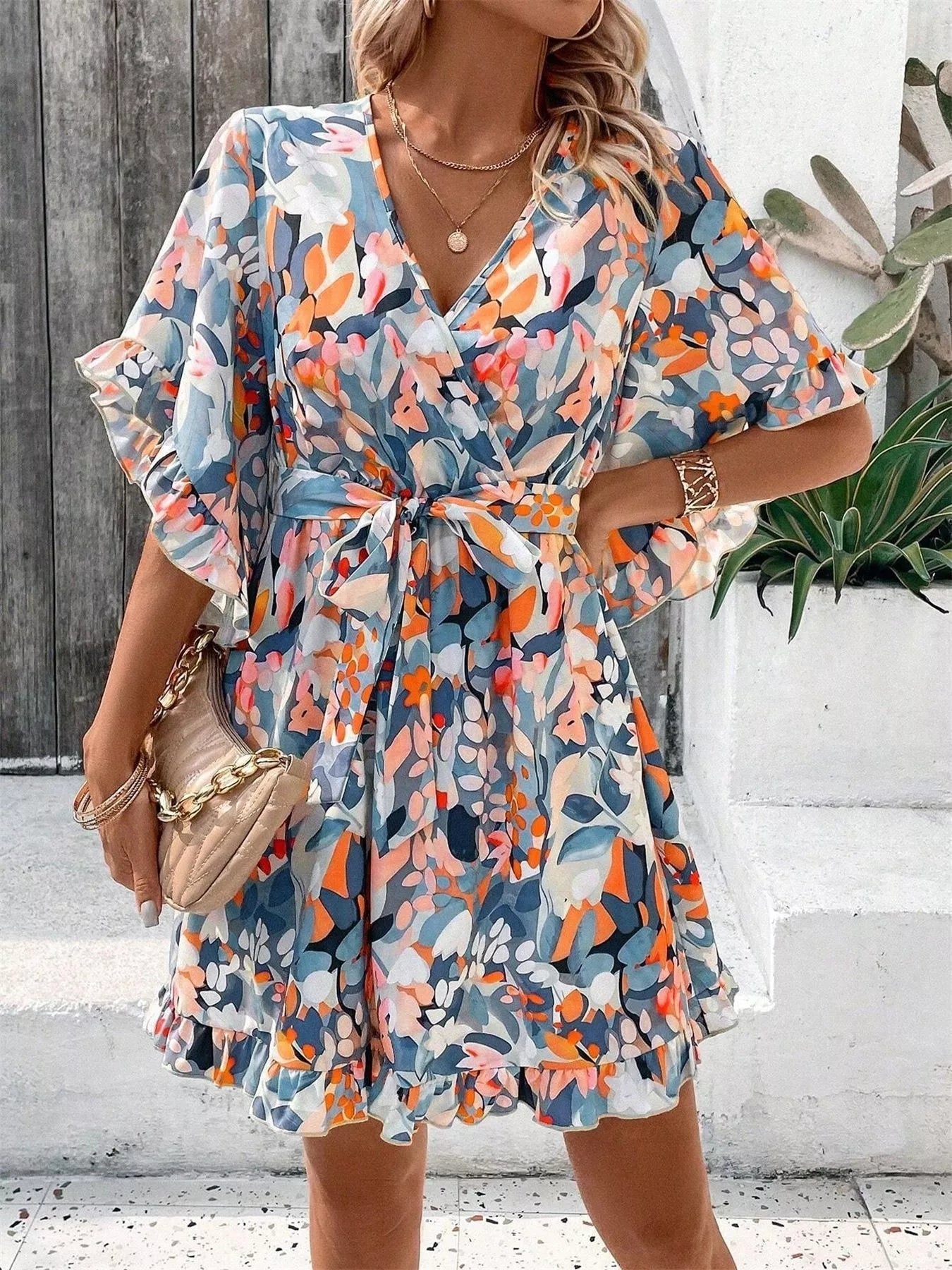 Printed Surplice Half Sleeve Dress 