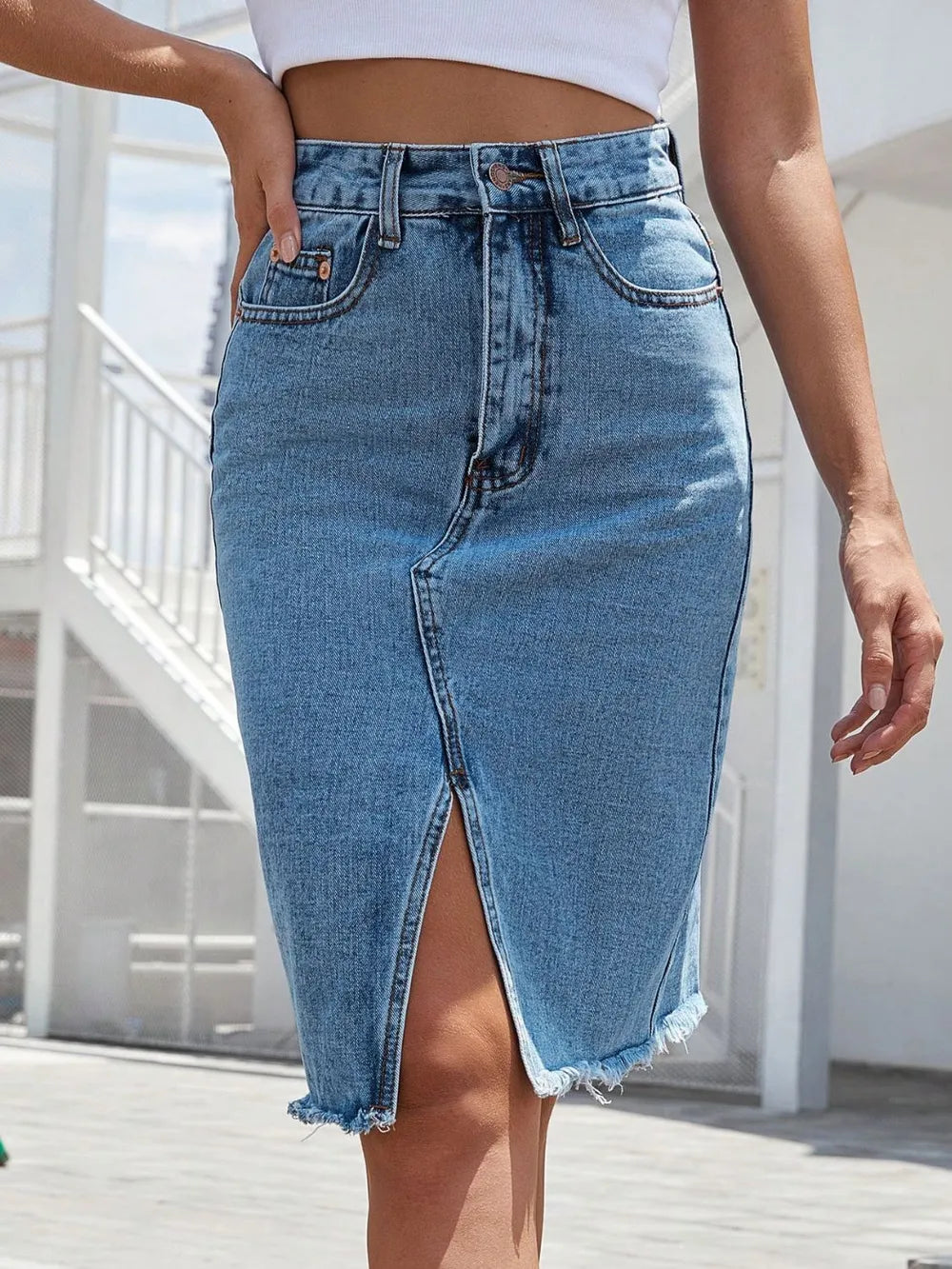 Raw Hem Slit Denim Skirt 