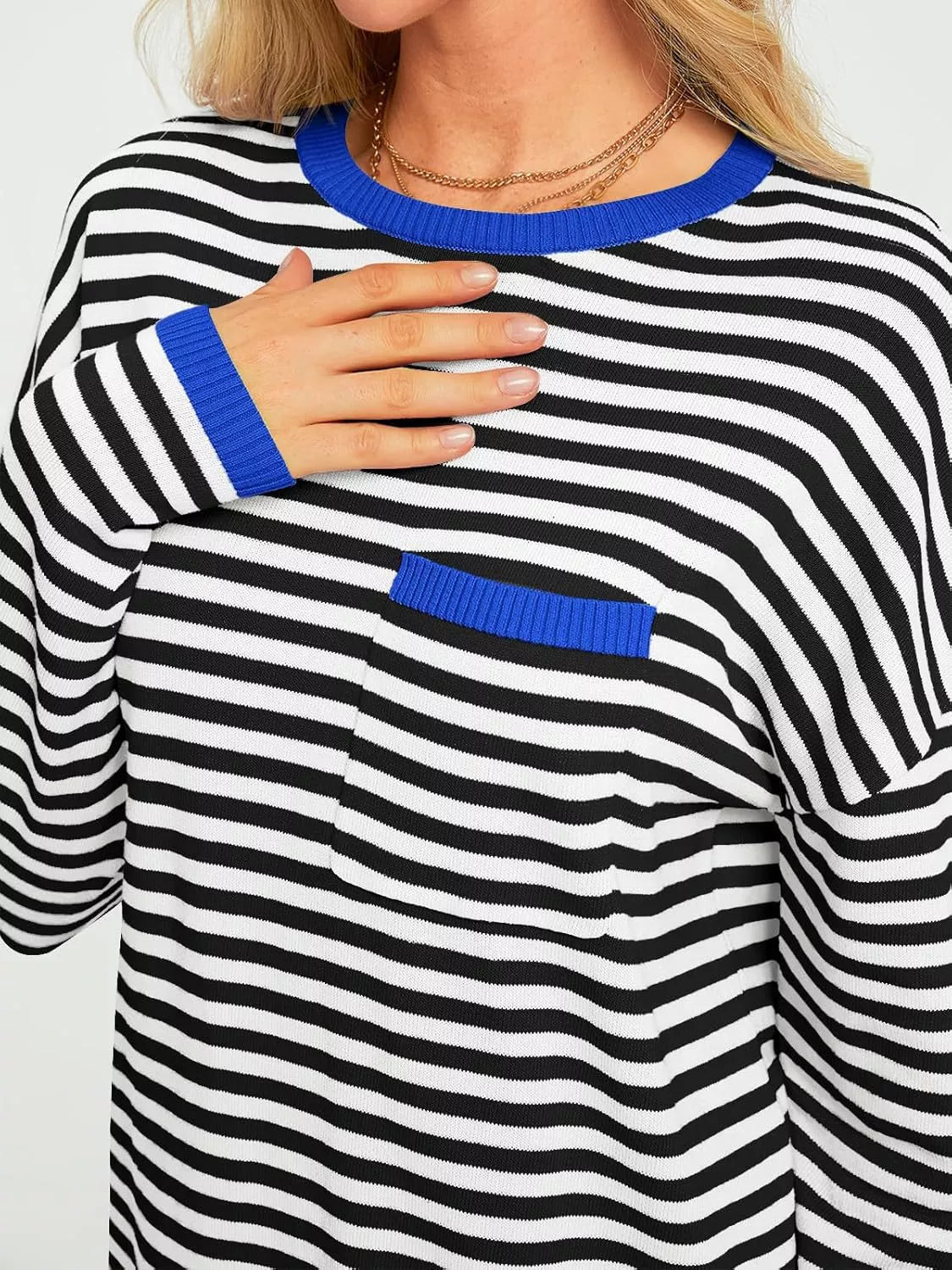 Striped Long Sleeve Sweater with Contrast Ribbed Trim 