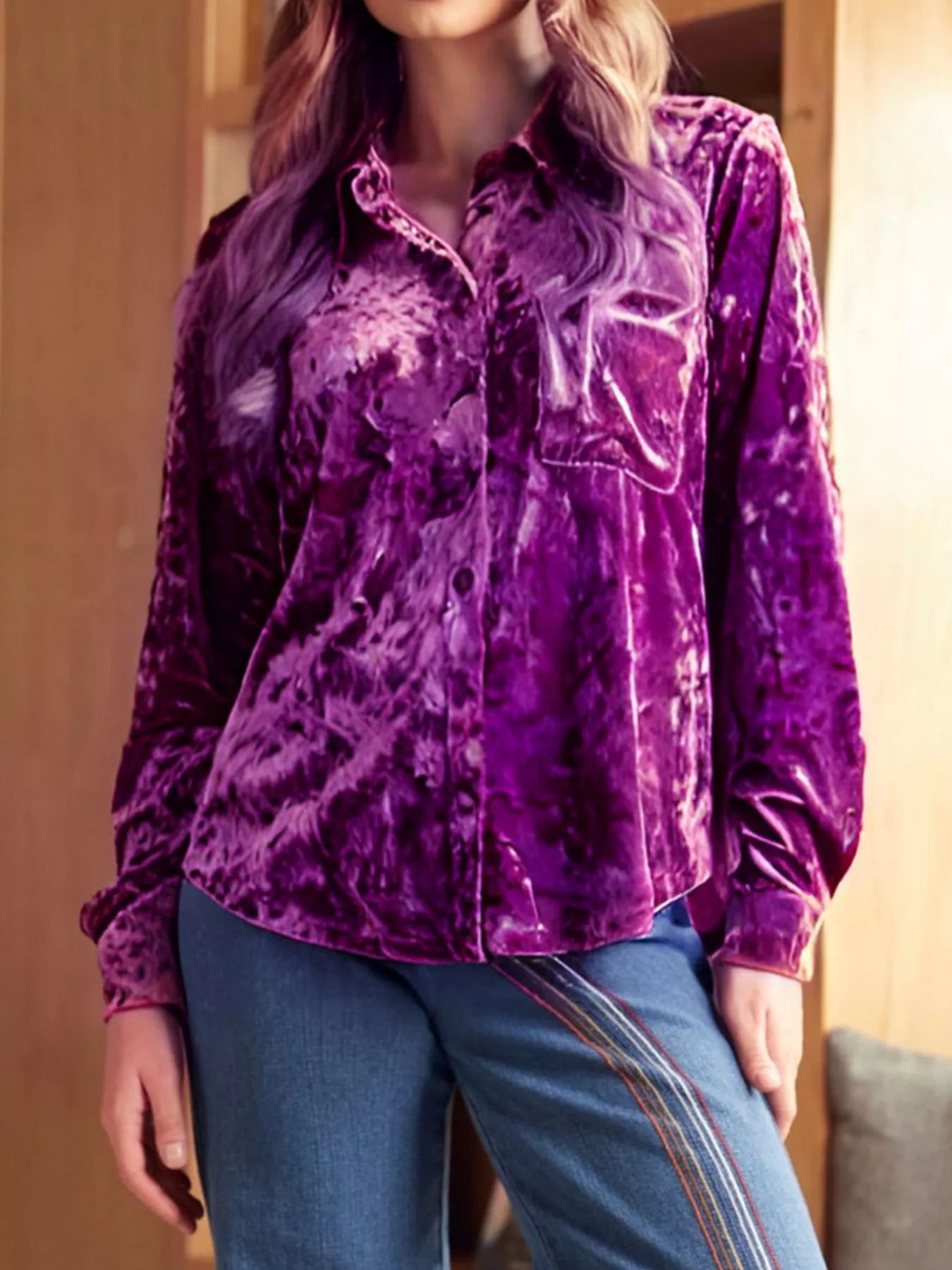 Velvet Button-Down Long Sleeve Shirt 