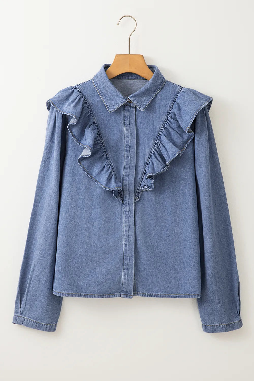 Ruffled Collared Neck Long Sleeve Denim Top 