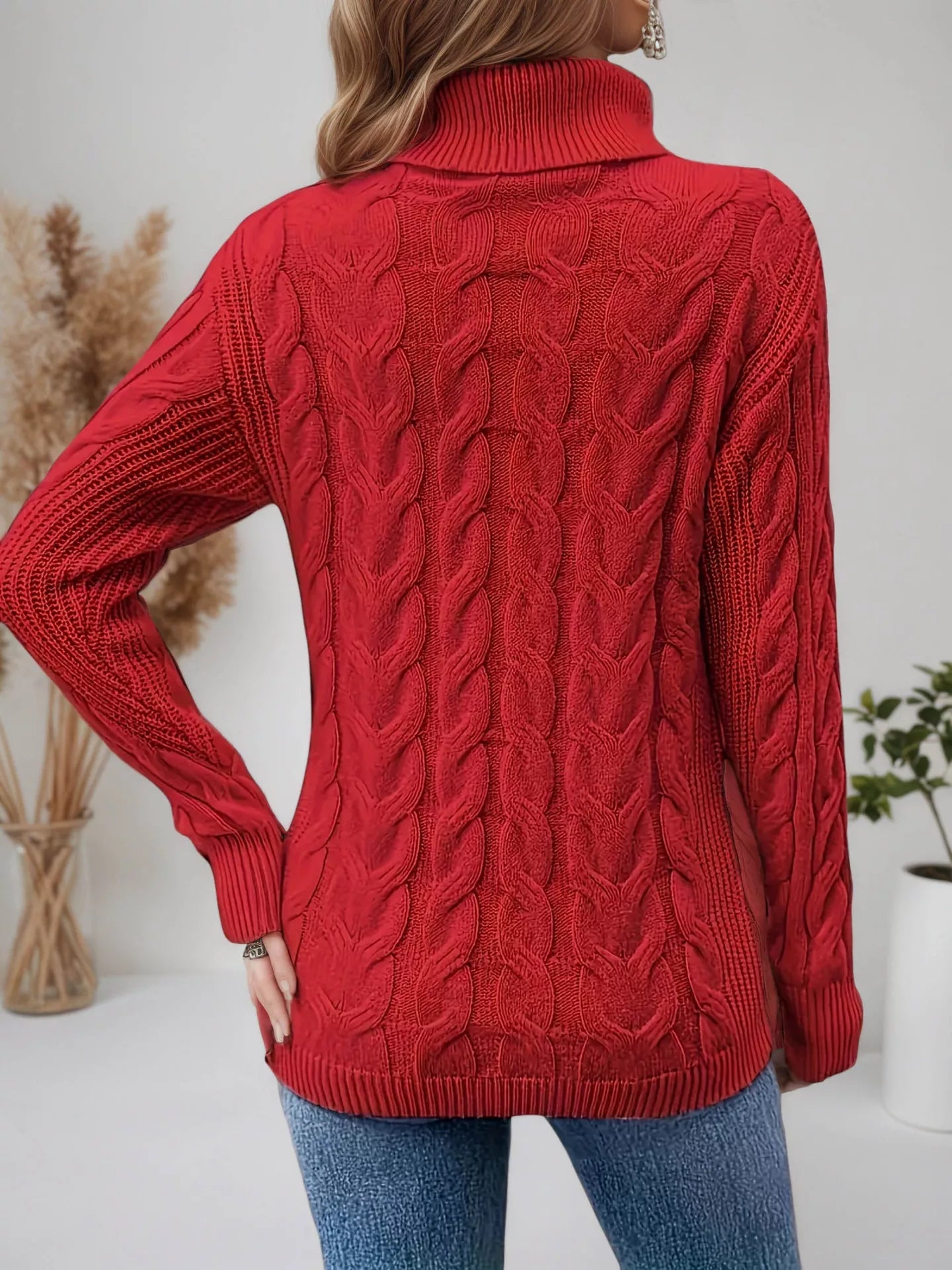 Cable Knit Turtleneck Long Sleeve Sweater 