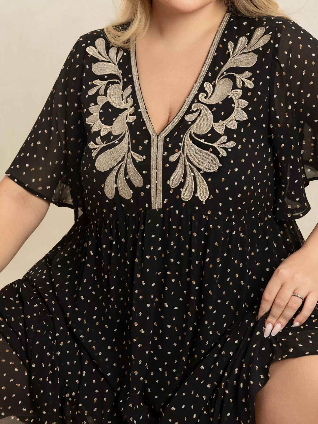 Plus Size Printed V-Neck Flutter Sleeve Maxi Dress 