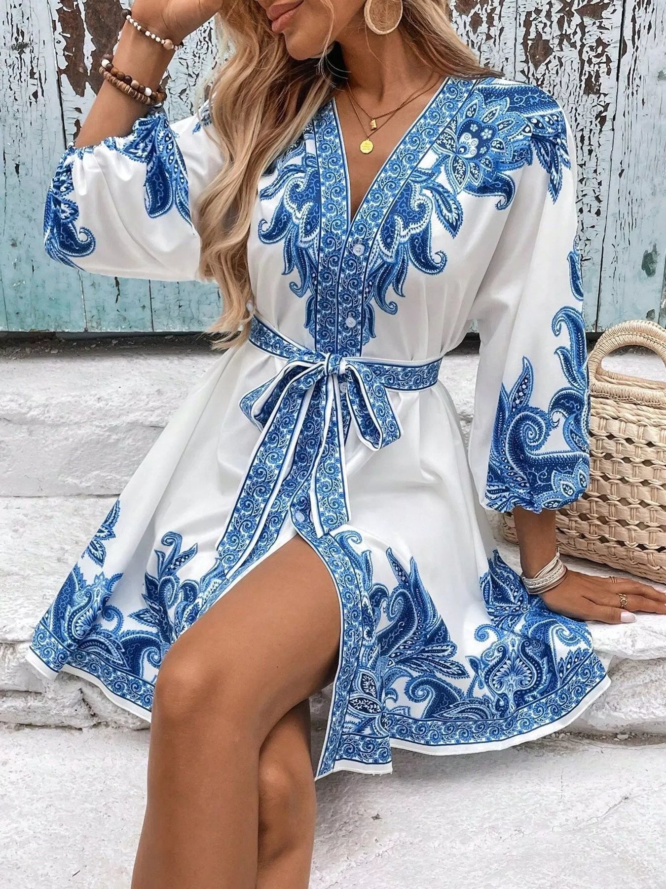Printed Balloon Sleeve Mini Dress 