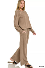Zenana Washed F/terry Round Neck Pullover & Pants Set 