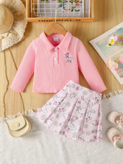 Children's Embroidered Ribbed Polo Shirt & Pleated Skirt Set 
