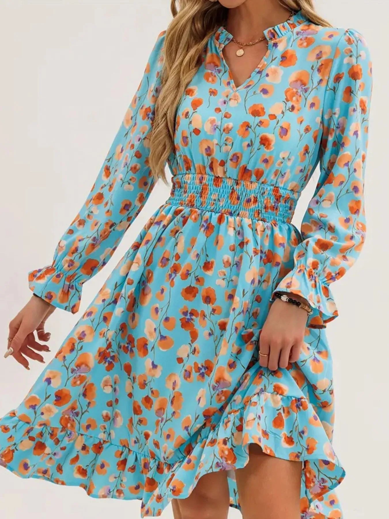 Floral Print Flounce Sleeve Ruffle Hem Dress 
