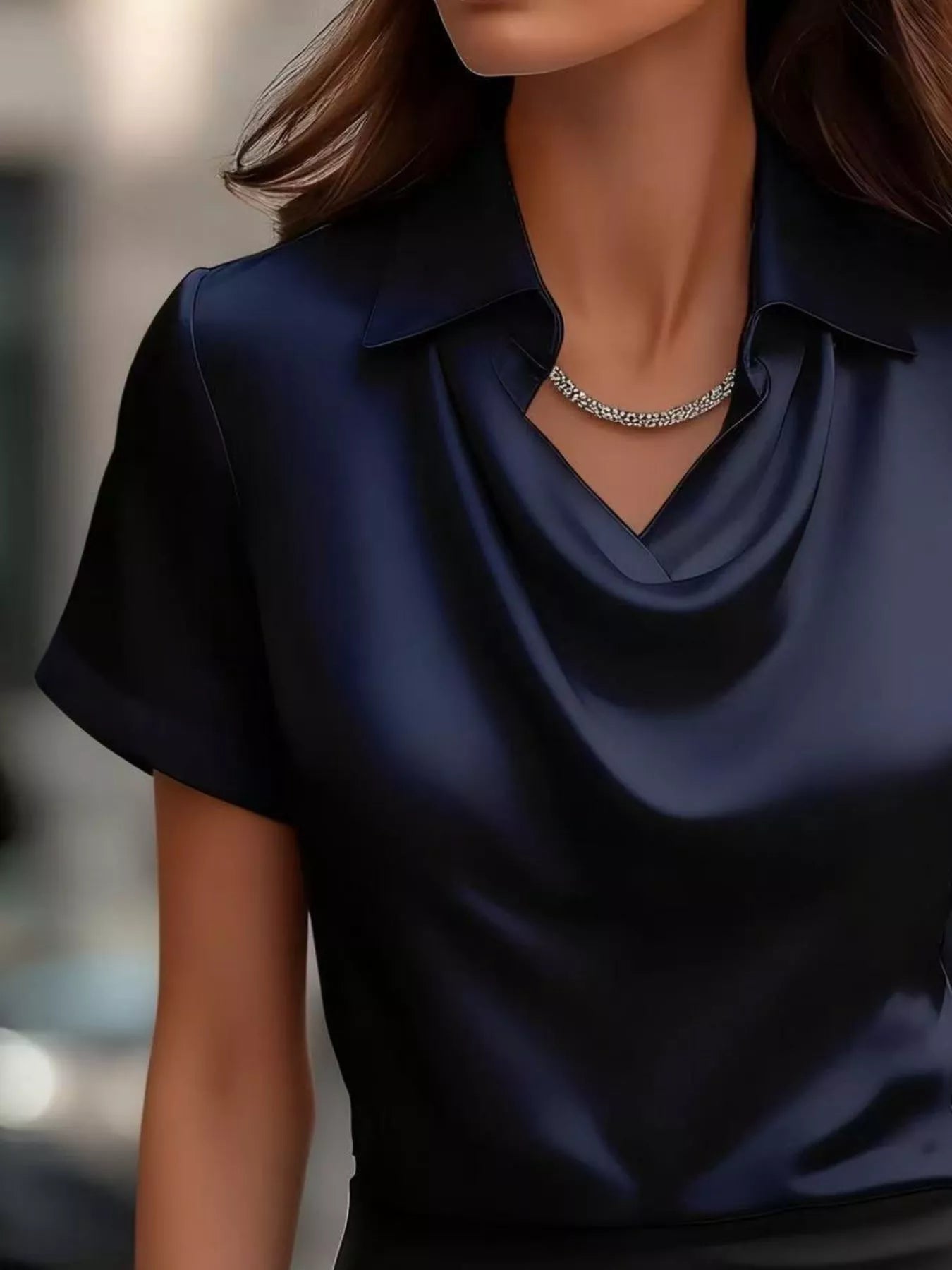 Full Size Cowl Neck Short Sleeve Satin Blouse Plus Size 