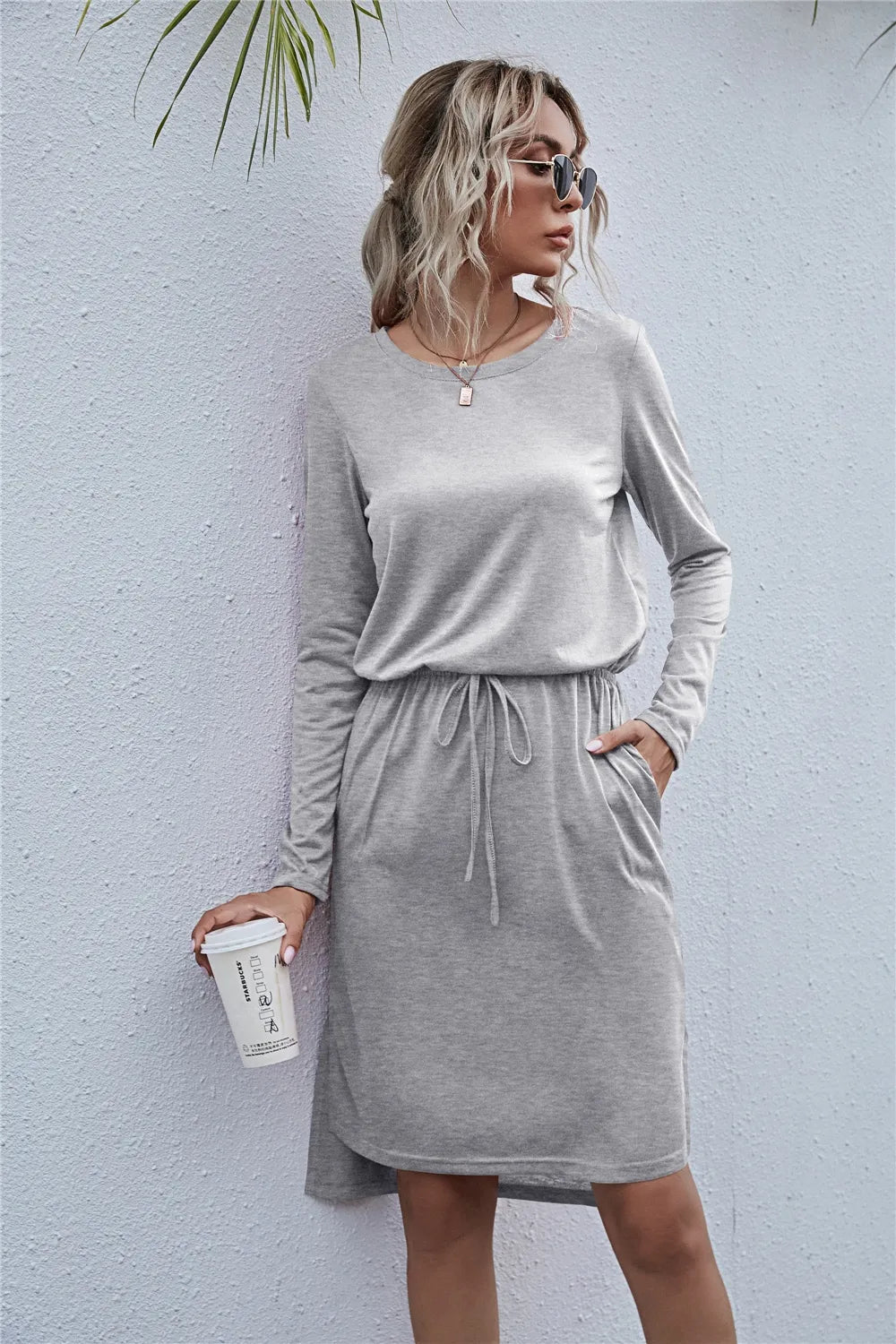 Drawstring Waist Round Neck Long Sleeve Dress 