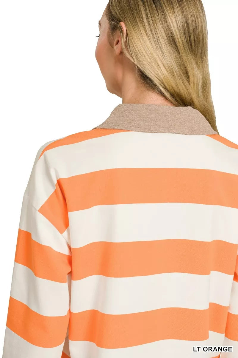 Zenana Striped Contrast Collar Polo Top 
