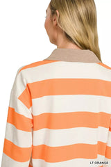 Zenana Striped Contrast Collar Polo Top 