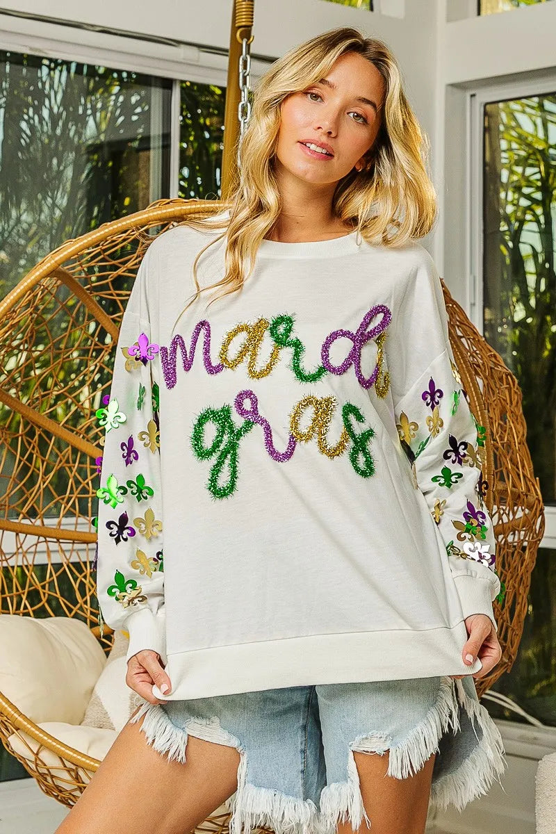 BiBi Fleur De Lis Sleeve Mardi Gras Pullover 