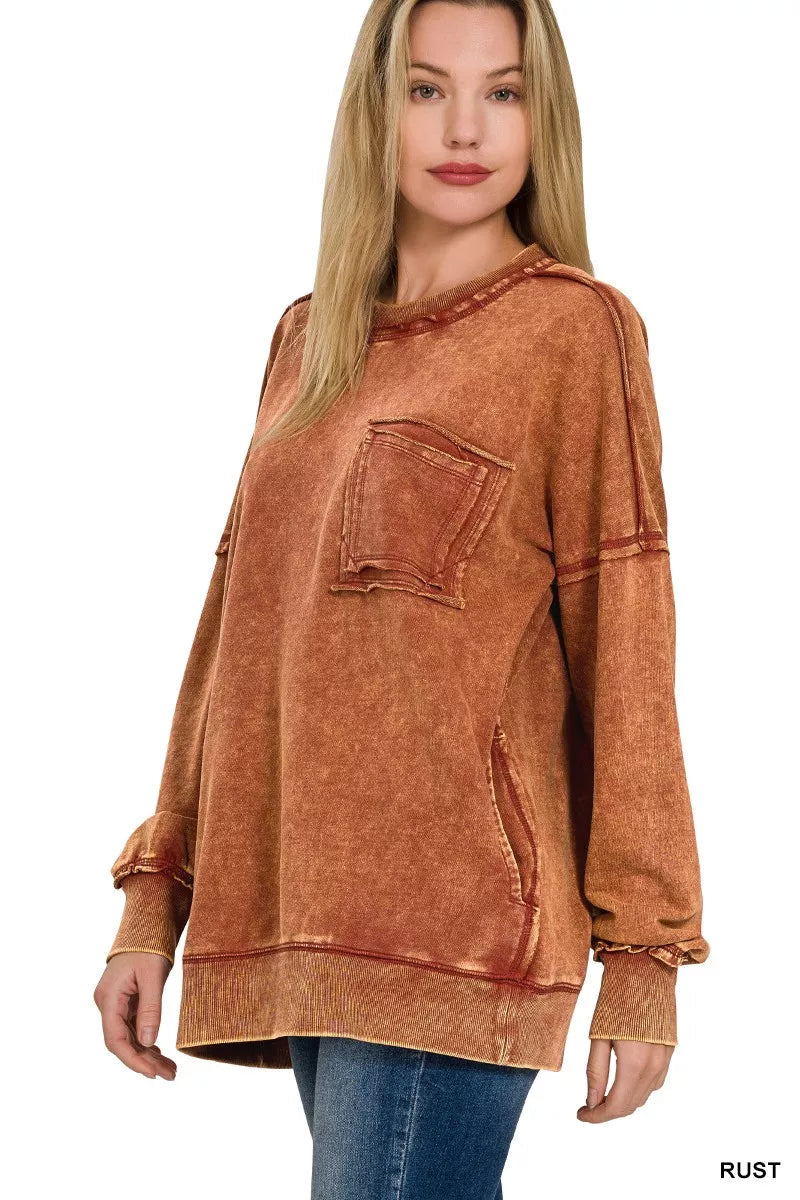 Zenana Acid Wash Raw Edge French Terry Sweatshirt with Front Pocket 