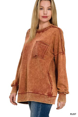 Zenana Acid Wash Raw Edge French Terry Sweatshirt with Front Pocket 