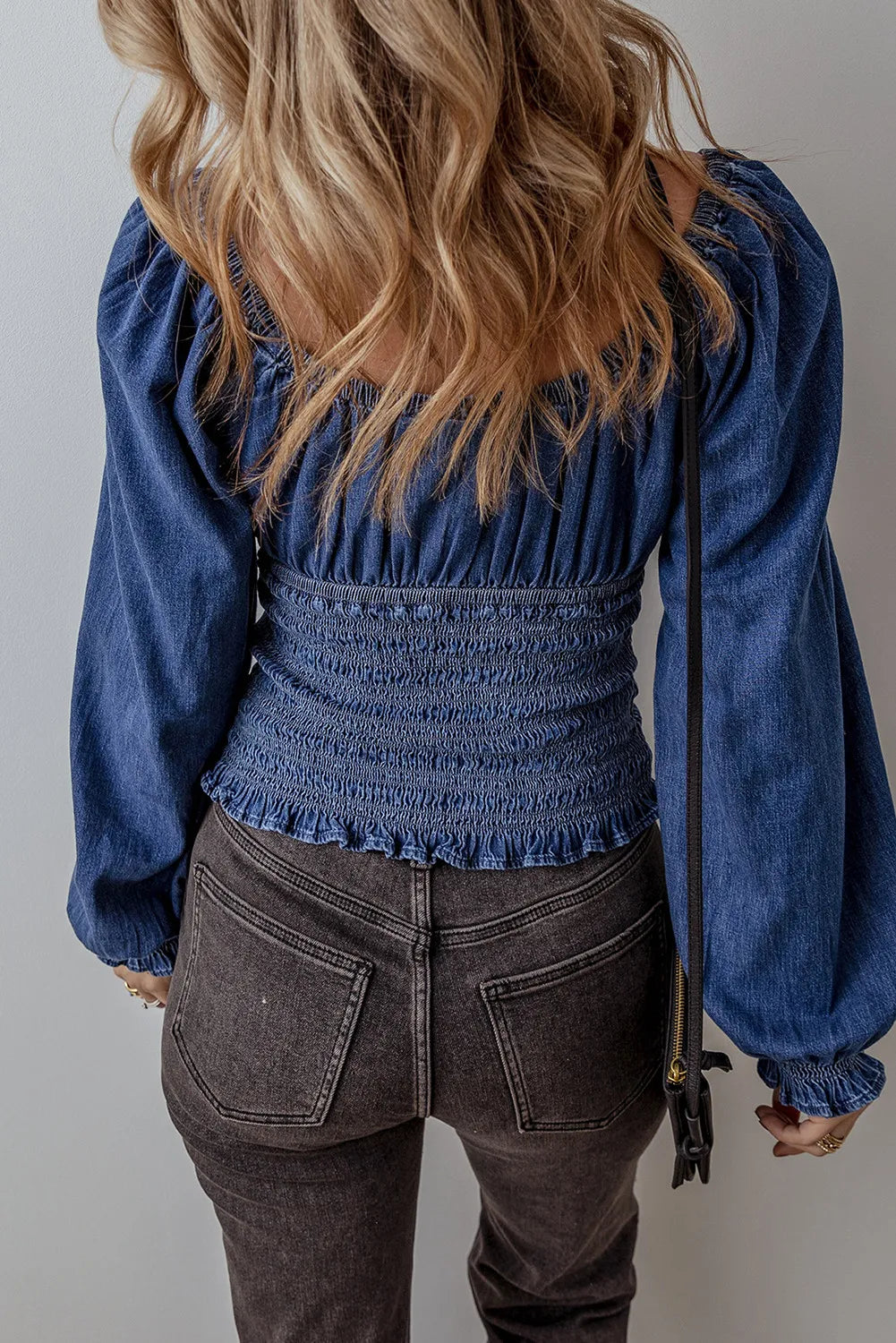 Smocked Long Sleeve Denim Top 