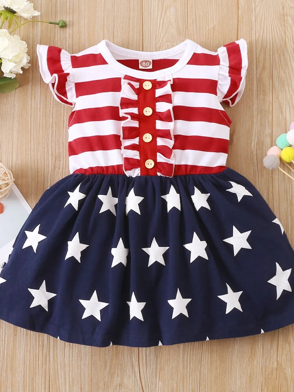Striped & Stars Ruffled Round Neck Cap Sleeve Dress 