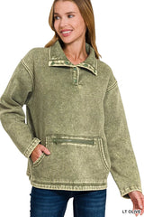 Zenana Fleece Washed High Neck Kangaroo Pocket Sweatshirt 