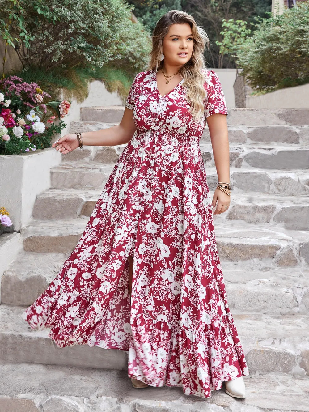 Plus Size Slit Printed V-Neck Maxi Dress 