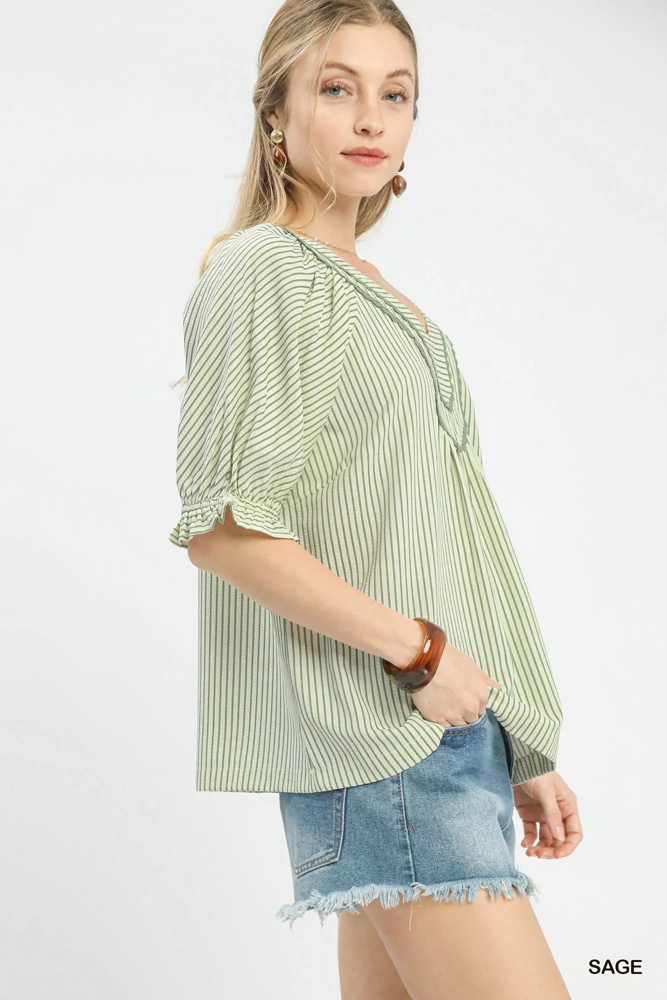 Umgee Stripe V-Neck Blouse 