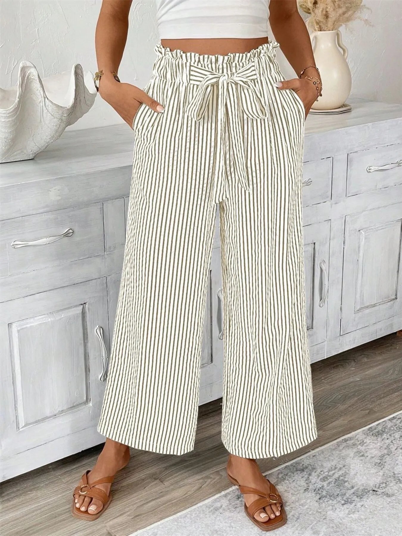 Full Size Striped Wide Leg Paper Bag Pants Plus Size 