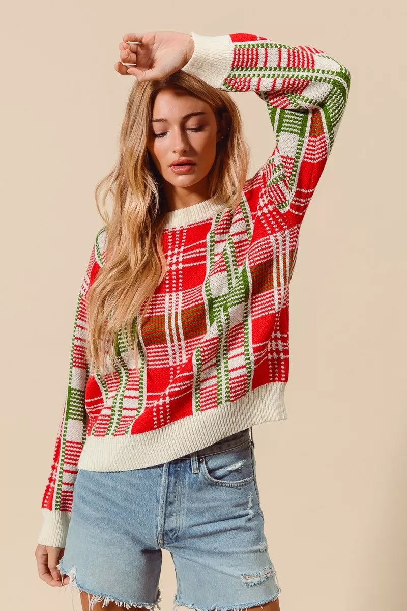 SO ME Christmas Color Checkered Plaid Crew Neck Sweater 
