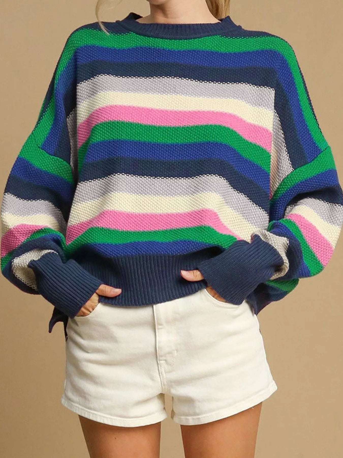 Rainbow Striped Crew Neck Drop Shoulder Sweater 