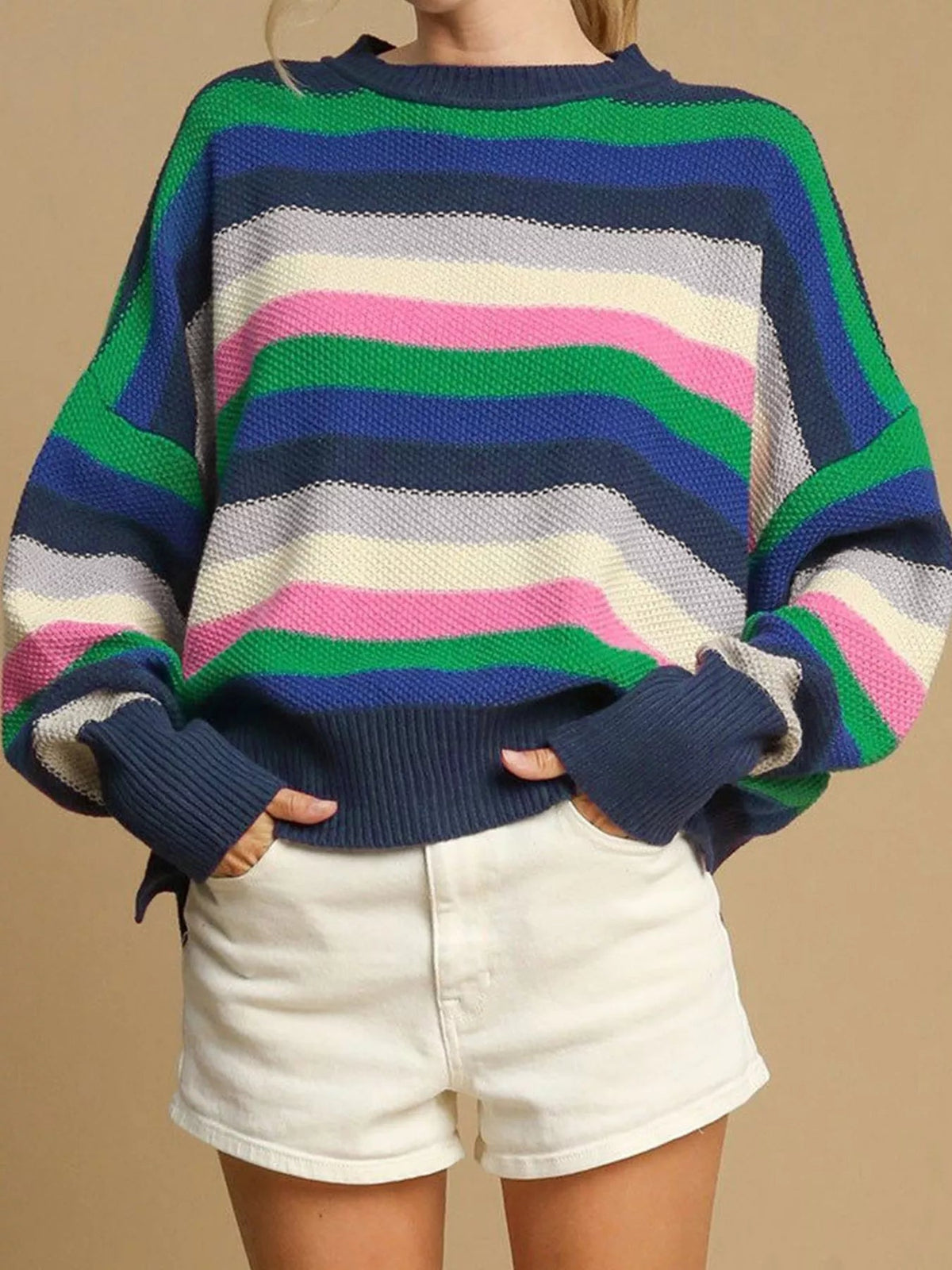 Rainbow Striped Crew Neck Drop Shoulder Sweater 