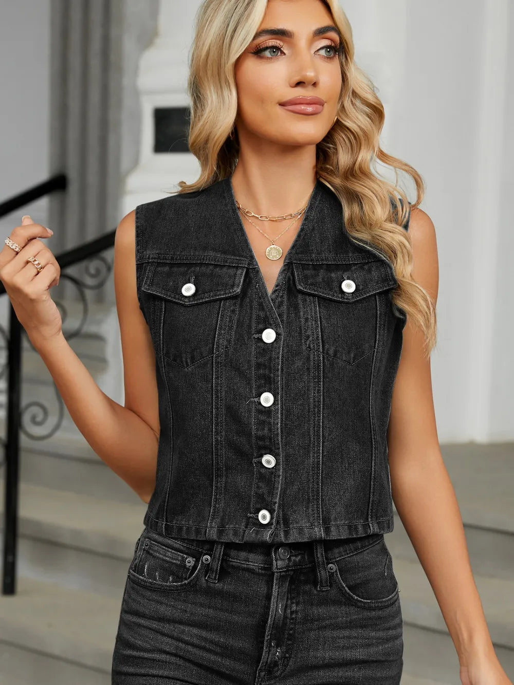 V-Neck Button Down Denim Vest 