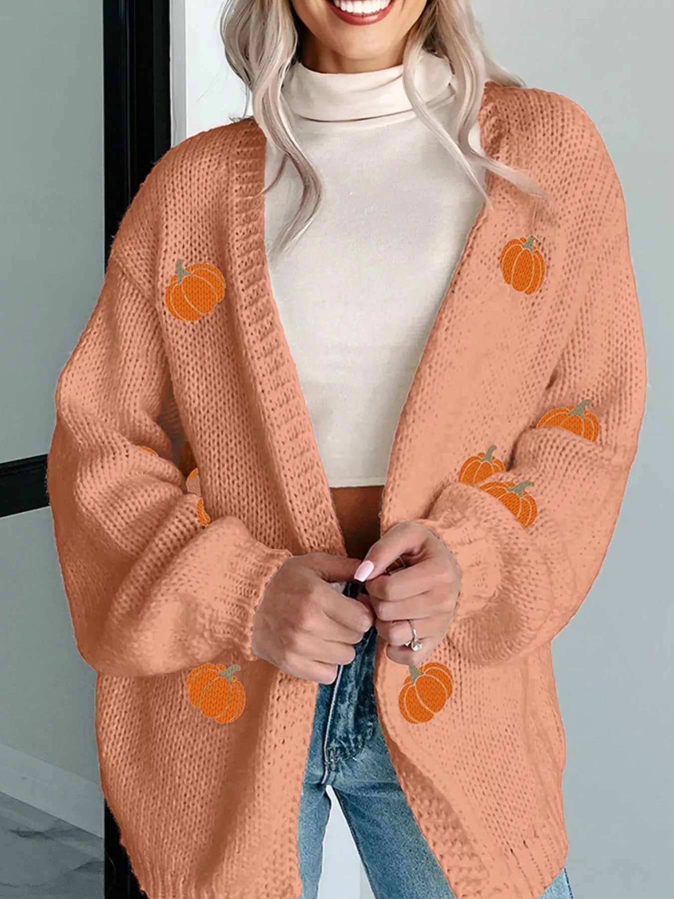 Pumpkin Tree Print Open Front Drop Shoulder Midi Cardigan 